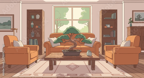 Cozy Living Room with Bonsai Tree and Armchairs