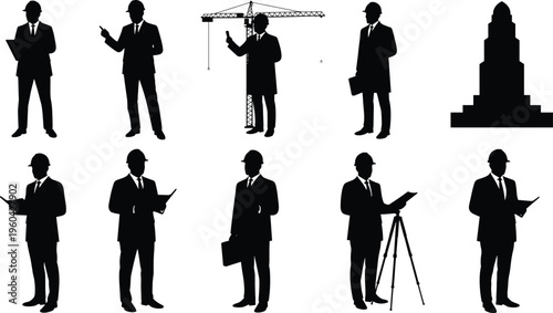 Engineering silhouettes, construction managers, architects planning, building design, site supervision, surveying equipment, hard hat professionals, industry illustration set
