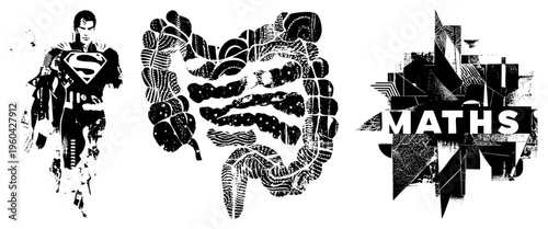 superhero silhouette, human digestive system, and geometric “MATHS” text, all in halftone vector style with textured and stark black and white contrast.