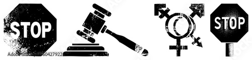 Distressed black including stop sign, gavel, gender symbol, and stop sign, isolated vector graphics with gritty texture and bold.