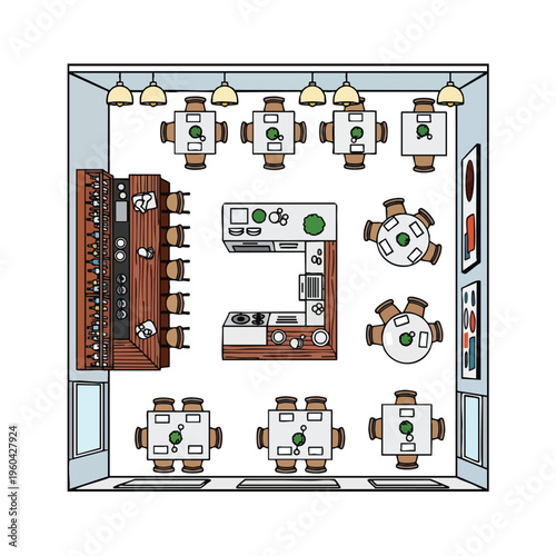 Overhead view of a restaurant layout with a bar, kitchen, and seating arrangements