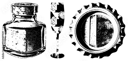 Classic inkwell with glass body, elegant wine glass with stem, vintage bottle cap with serrated edge, all rendered in halftone, vector art.