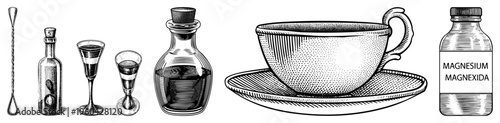 Magnesium Magnexida bottle, antique cocktail shaker and glasses, vintage barware, retro apothecary, halftone engraved illustration, medical tonic, historical pharmacy.