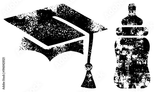 symbols of academic achievement and infant care, distressed black and white vector art, educational milestone, parenting, minimalist design.