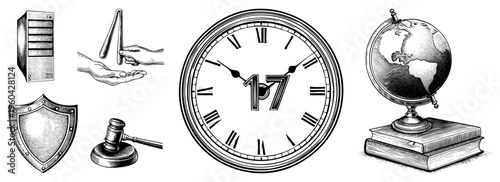 Classic clock showing 17, globe on books, gavel, shield, server, and hands holding maracas timeless of time, law, education, security, tech, and rhythm.