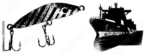 Fishing lure with treble hooks and striped body, fishing vessel silhouette with deck, halftone texture, fishing gear, angler equipment.