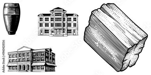 Vintage style building sketches and textured block renderings, halftone vector art, architectural blueprint elements, urban design motifs, black and white art.