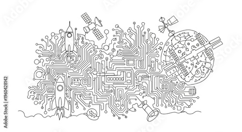 Digital Cityscape: Circuit Board Network with Rockets, Satellites, and Planet