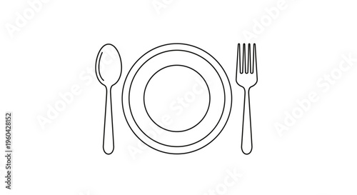 Minimalist Icon: Plate, Fork, and Spoon - Clean Dining Utensil Graphic
