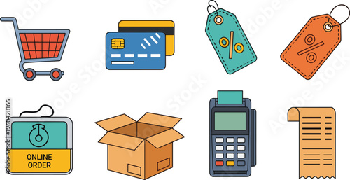 Ecommerce Shopping and Payment Vector Set Featuring Cart, Credit Card, Tags, Online Order, Package Box, POS Terminal and Receipt Icons