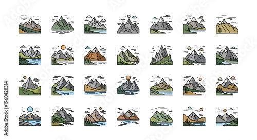 Diverse Mountain Landscape Icons Set: Peaks, Lakes, Nature Scenes, Vector Graphics