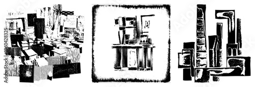 Urban abstract composition of fragmented buildings, halftone shading, vector, stylized architecture, graphic design element, urban art.