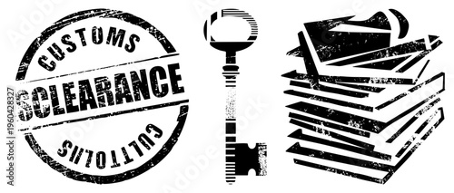 Grunge style customs clearance stamp, old fashioned key, stack of papers, border control symbols, official paperwork, clearance seal, document pile.