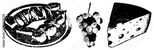 Classic black and white halftone illustration of food items sliced meat on plate, bunch of grapes, wedge of cheese with holes. Retro graphic food art,, stylized meal elements.