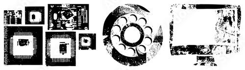 Retro tech symbols including rotary phone dial, CRT monitor, and abstract circuit boards, stylized halftone print, digital nostalgia, tech history.