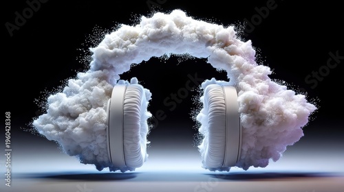 Floating particles forming headphone shape in foggy atmosphere, creating surreal and soft audio experience in dark background