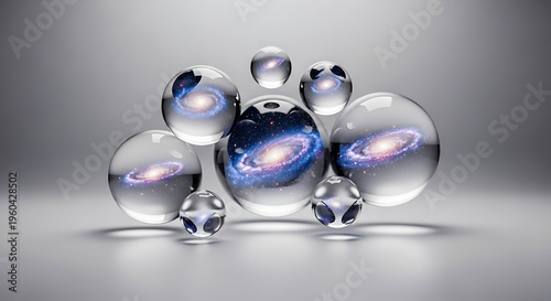 Conceptual 3D illustration of the multiverse theory represented by multiple glass spheres containing different galaxies. Quantum physics and parallel universe concept on a gray background for science 