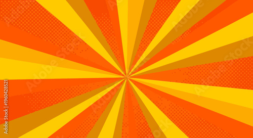 Exploding Sunburst Background with Retro Halftone Dots in Orange and Yellow