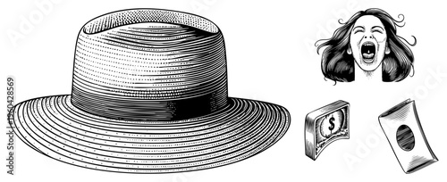 Classic fedora hat, screaming woman illustration, dollar bill, money symbol, retro engraving style, black and white vector graphic.