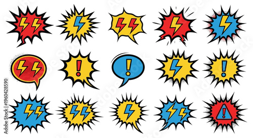 Explosion Comic Speech Bubbles with Lightning Bolt and Exclamation Mark Icons
