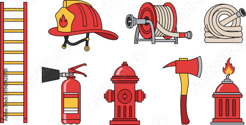 Firefighter Equipment and Fire Safety Vector Set Featuring Helmet, Ladder, Hose Reel, Fire Extinguisher, Hydrant, Axe and Emergency Protection Icons