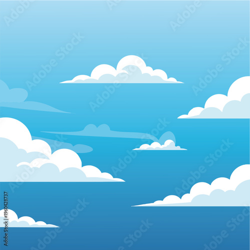 A bright blue sky with fluffy white cartoon clouds drifting across