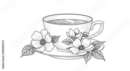 Hand-drawn cup of tea with delicate flowers and leaves, vintage illustration style