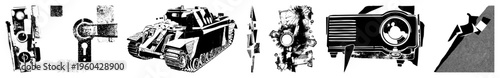Collection of retro tech tank, projector, lock, camera, and abstract mechanical, rendered in bold art with halftone textures and geometric precision.
