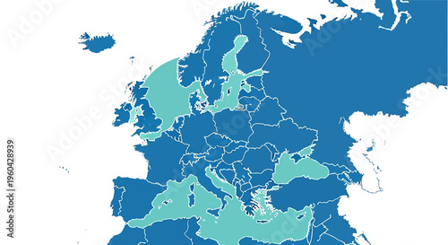 Map of Europe highlighting EU member states in light blue
