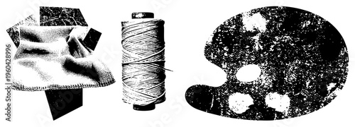 Halftone rendered textile fabric, spool of sewing thread, painter’s palette with paint smears, vector art, isolated crafting essentials.