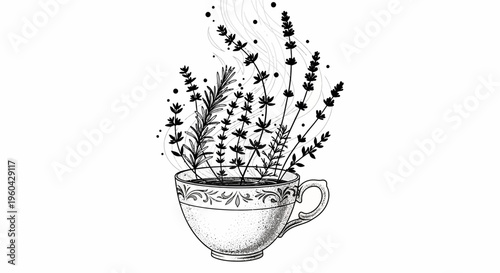 Herbal Tea Infusion: Steaming Cup with Blooming Lavender and Rosemary Sprigs