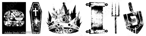 Vintage religious symbols including skull, coffin, crown, scroll, and dreidel, rendered in gritty vector style, ideal for spiritual or occult design projects.