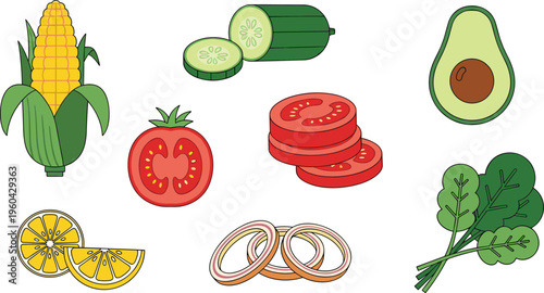 Fresh Vegetable and Salad Ingredients Vector Set Featuring Corn, Cucumber, Tomato, Avocado, Lemon, Onion and Spinach Healthy Food Collection