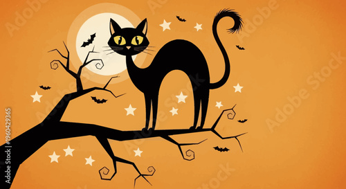 Spooky Black Cat Silhouette on Tree Branch with Moon and Bats for Halloween