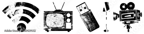 Vintage tech symbols including Wi Fi, CRT TV, USB drive, film camera, and mic distressed black vector, nostalgic digital era tools.