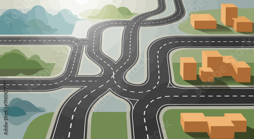 Complex highway interchange and city buildings, aerial view, urban planning, transportation concept