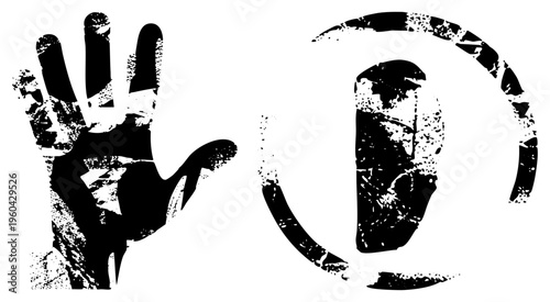 Graphic handprint design, abstract gesture, halftone texture, vector silhouette, black and white, gestural mark, symbolic motif.