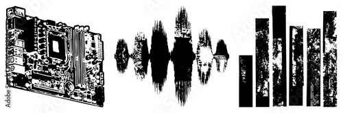 Motherboard circuitry, soundwave graph, bar chart data visualization, tech vector art, digital interface, hardware and data representation.