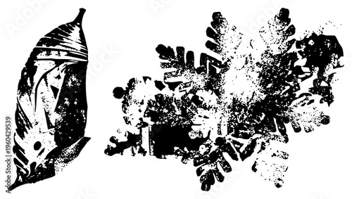 Black and white vector illustration of chrysalis and snowflake, halftone style, nature, isolated graphic elements, winter and metamorphosis themes.