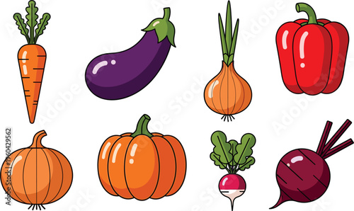 Fresh Vegetable Vector Set Featuring Carrot, Eggplant, Onion, Bell Pepper, Pumpkin, Radish and Beetroot Healthy Organic Food Illustration Collection