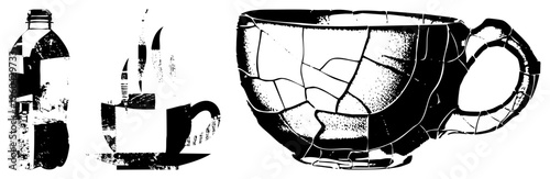 Fragmented teacup with cracked glaze texture, beverage bottle with label, rising, vintage halftone print, graphic design elements.