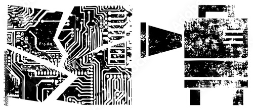 Broken circuit board pieces with intricate wiring, digital tech art, electronic schematic fragments, isolated vector elements, halftone glitch style.