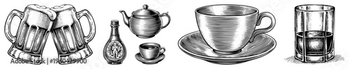 Classic engraved drinkware collection including frothy beer mugs, ornate teapot, cup and saucer, and whiskey glass, rendered in halftone art.