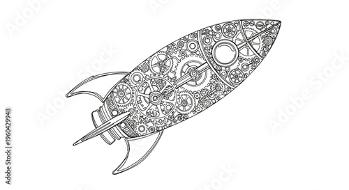 Steampunk Rocketship Illustration with Intricate Gears and Clockwork