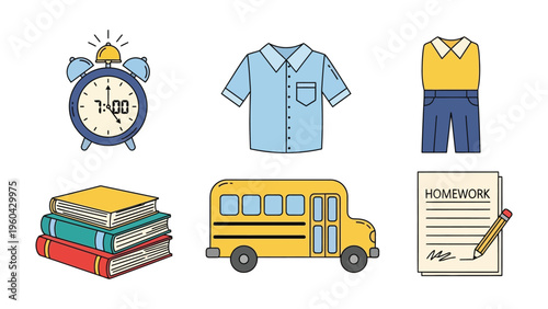 School Day Essentials: An eye-level illustration that showcases various essential elements of a typical school day. This scene includes a ticking alarm clock, school uniform, books, a school bus.