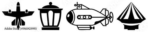 Aircraft, street lamp, submarine, and tent rendered as flat black, vector symbols, simplified shapes, graphic design elements, isolated foreground.