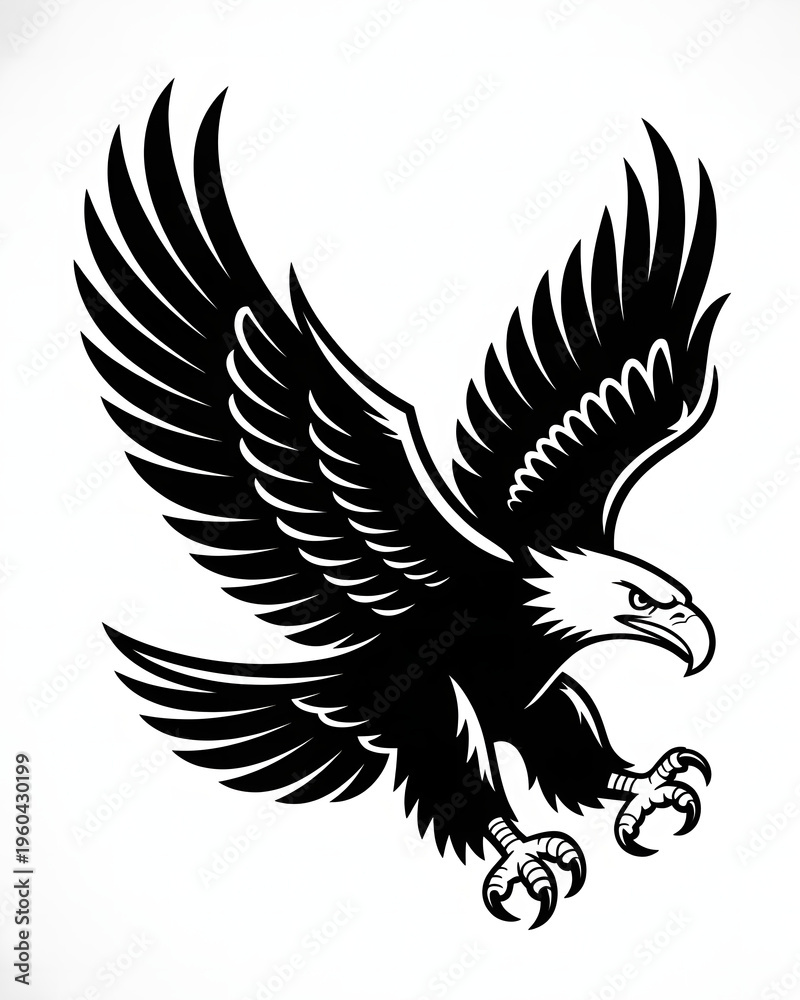 Obraz premium Bold Monochrome Eagle in Flight Vector Illustration with Spread Wings