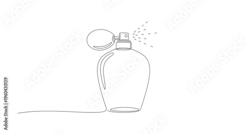 Minimalist continuous line drawing of a perfume bottle spraying fragrance, elegant and simple.