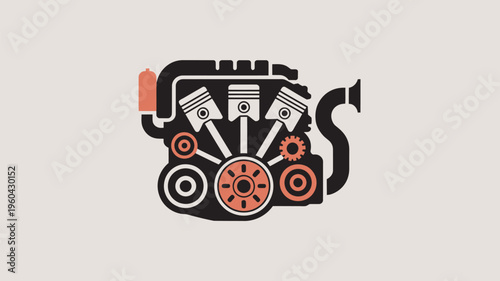 A stylized illustration of a car engine with orange and black components on a beige background