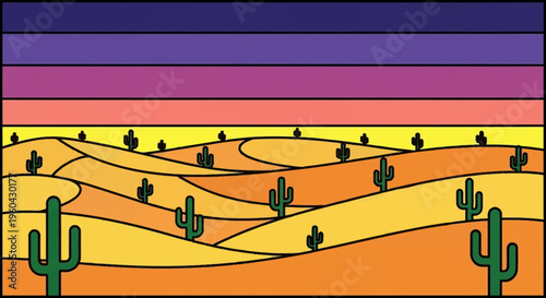 Vibrant Desert Sunset Over Rolling Sand Dunes with Cactus Silhouettes